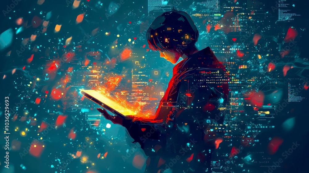 Poster a person looking at a tablet with glowing light and data around them.