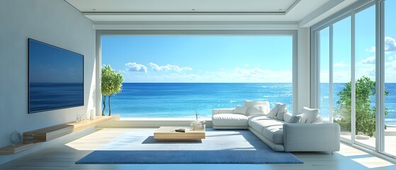 Obraz premium Serene Modern Living Room with Panoramic Ocean View and Blue Theme Decor