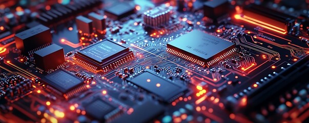 Obraz premium An intricate close-up of a computer circuit board with glowing components