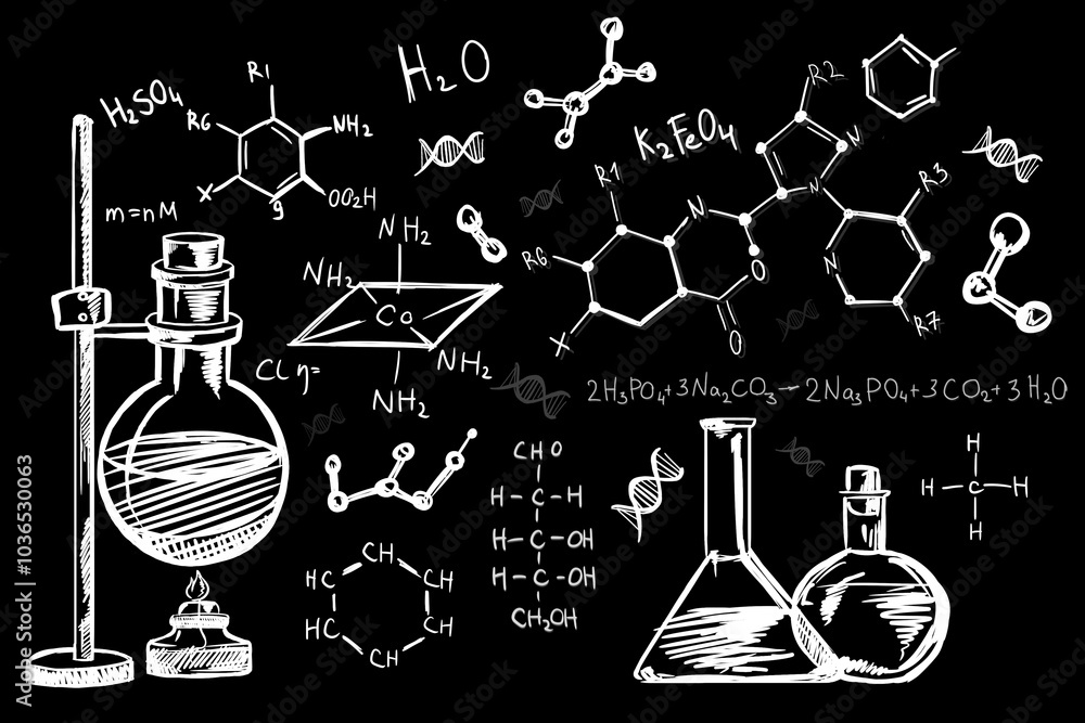 Poster Education, exact sciences and development concept with chalk handwritten chemical formulas and flasks on blackboard background. 3D rendering