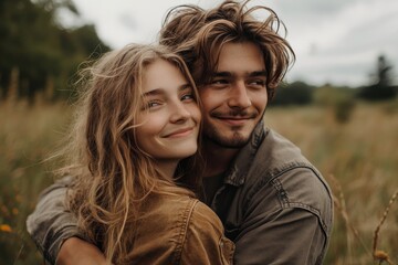 Obraz premium Woman being carried by her boyfriend in field, Generative AI