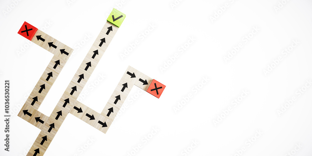 Poster wooden blocks with arrows forming a path, two red x's and one green check mark. 3d rendering