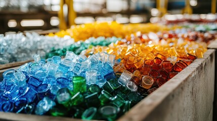 Glass recycling workshop: sorting broken glass by color while maintaining safety protocols