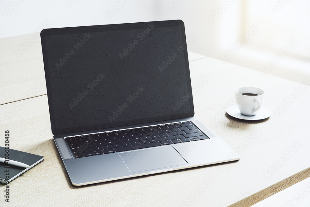 Poster perspective view on blank dark modern laptop screen with copyspace for your logo or text on light wo