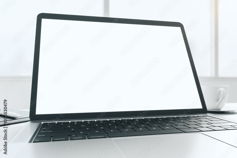 Poster Wide angle shot with blank white modern laptop monitor screen with copyspace for your logo or text on sunny window background. 3D rendering, mock up