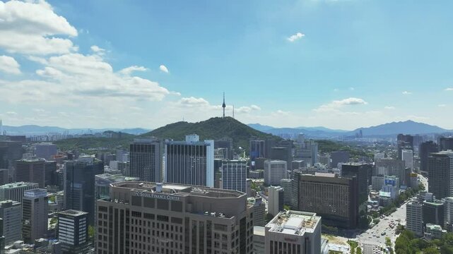 Drone View of Seoul city in South Korea, Jongno, Gwanghwamun Square, Summer 60fps