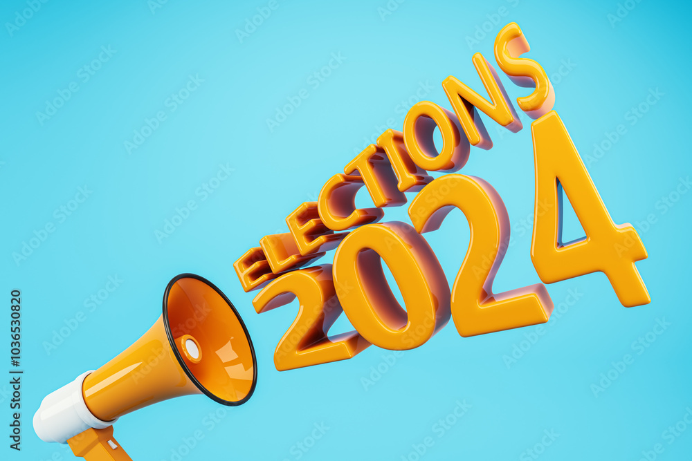Aufkleber Creative 3D rendering of a loudspeaker and text for the 2024 elections on a bright background. 3D Rendering