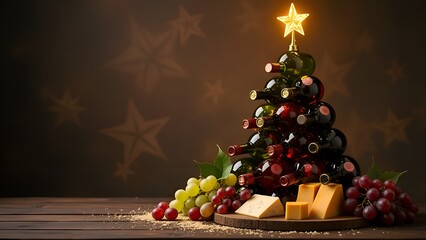 Wine bottles arranged in the shape of a Christmas tree, with cheese, grapes, wine glasses in a festive Christmas setting.