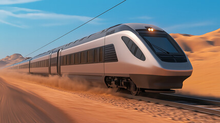 Naklejka premium High-Speed Train Racing Through Desert Landscape A Stunning Display of Modern Transport Technology in Motion