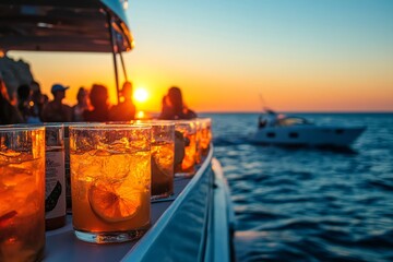 Sunset boat party with drinks, Generative AI