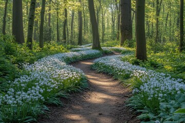 Fototapeta premium A winding path through a forest lined with white flowers. This picture can be used for nature, springtime, and woodland themes.