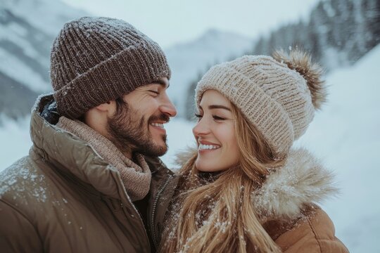 Romantic couple on a winter holiday, Generative AI - Powered by Adobe