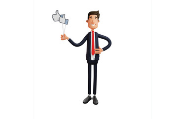 businessman holding like in hand and smiling. 3d character of man holding likes in hand