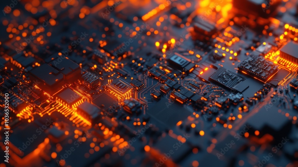 Poster a close-up of a circuit board with glowing components, showcasing technology and design.