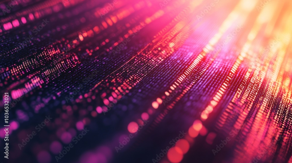 Poster abstract digital landscape with vibrant colors and data-like patterns.