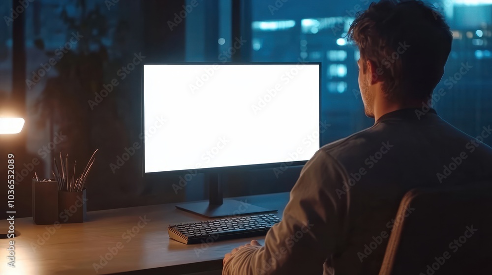 Poster in this mockup, a man is working on a computer with a blank screen on an office table
