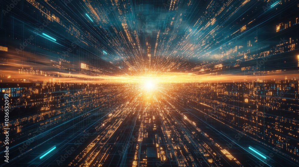 Aufkleber a dynamic visual of light and data streams converging towards a bright center.