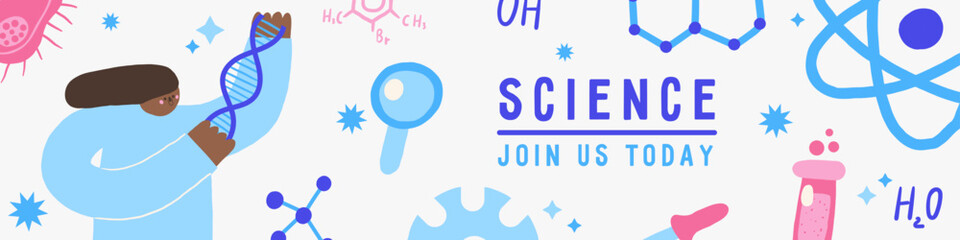 Cute science theme composition, banner with funny hand drawn doodle dna, flask, tube, atom, magnifying lens, dropper, scientist, woman, africa, formula. Chemistry, math, physics, biology cover