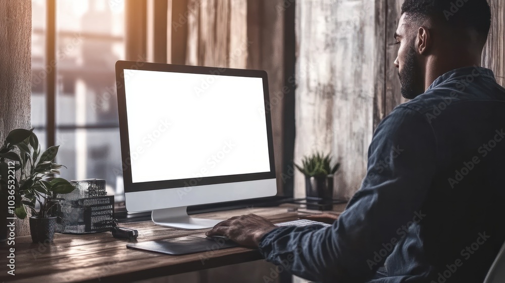 Poster in this mockup, a man is working on a computer with a blank screen on an office table