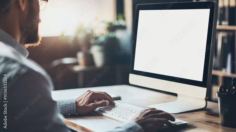 Aufkleber in this mockup, a man is working on a computer with a blank screen on an office table