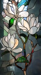 Stained Glass Window Depicting a Magnolia Flower Branch