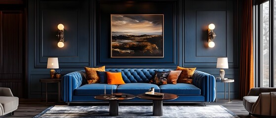 Cozy and Elegant Blue Velvet Sofa in Modern Living Room Interior with Scenic Landscape Artwork