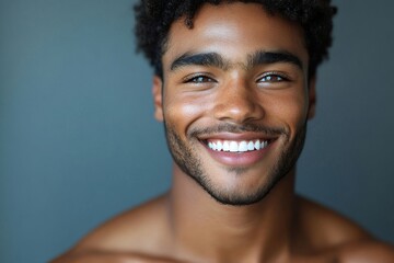 Obraz premium Young man smiling as he shows his beautiful radiant skin in a studio, Generative AI