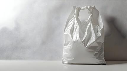 Clean White Plastic Bag with Label on Plain Background