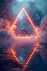 Neon triangle against vibrant, mystical clouds with reflection. Futuristic concept. Retrowave,...