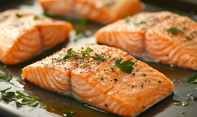 Close-up of seasoned and baked salmon fillets garnished with fresh herbs, Generative AI