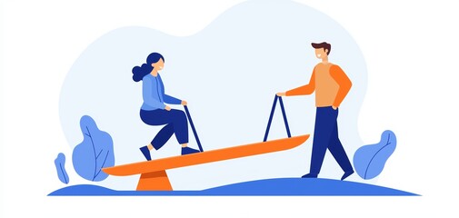 Fototapeta premium Professional balancing male and female figures on a seesaw, emphasizing equal opportunities and gender balance in a minimalistic setting