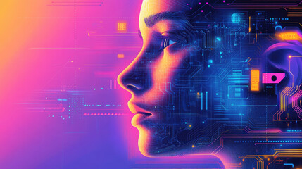 The long hair composed of a woman's head, data, and electronics