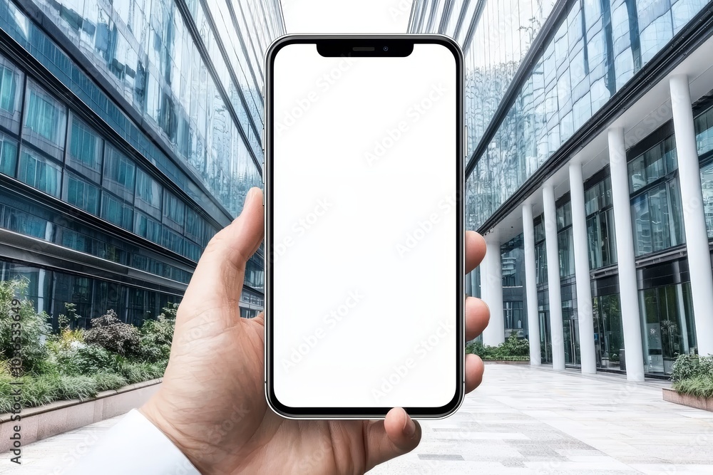 Poster man interacting with a smartphone, white screen ready for customization, symbolizing mobile technolo