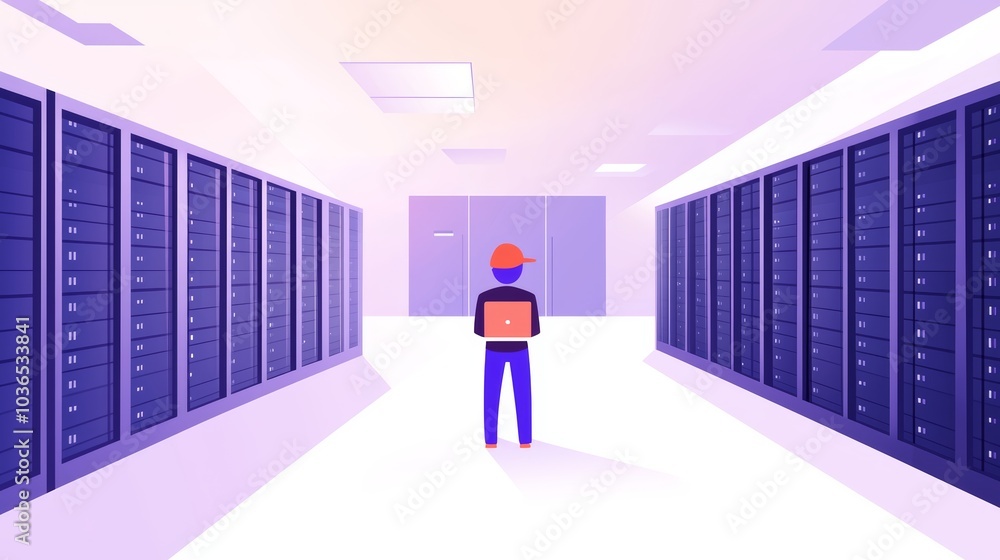 Poster professional with a laptop standing in a high-tech server room, surrounded by data racks, symbolizin