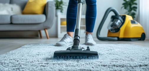 Worker using a steam vacuum on a light carpet, capturing the process of deep cleaning, showing a stark contrast in carpet cleanliness