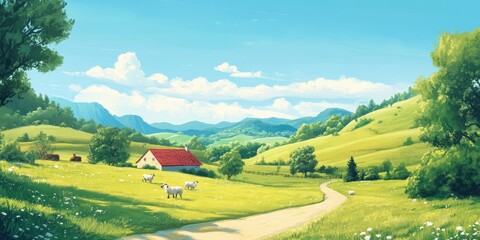 Idyllic rural scene with rolling hills and a red-roofed cottage.