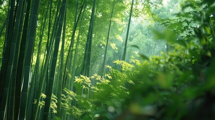 Fototapeta premium Sunlight filters through a dense bamboo forest, creating a serene and tranquil atmosphere.