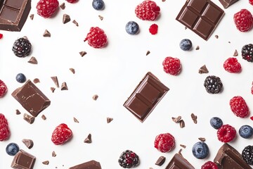 Floating Chocolate and Berry Pieces on White Background