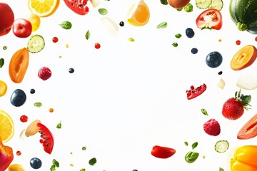 Colorful Floating Fruits and Vegetables in a Bright Layout
