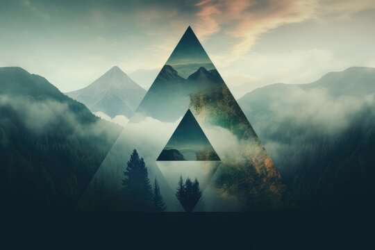 Abstract background with beautiful mountain and forest landscape. Double exposure with triangle geometric figure and wild nature. Sustainable ecology concept. Creative background, wallpaper