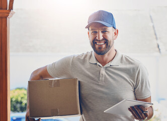Happy delivery man, box and portrait with tablet for order, parcel or courier service at front...