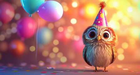 Naklejka premium 3D-rendered owl wearing a colorful party hat, standing amidst festive balloons against vibrant lights background.