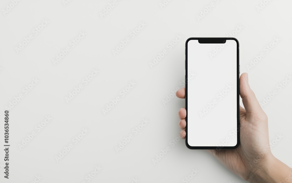 Poster smartphone held in hand with a clean white screen, minimalistic background, perfect for displaying a