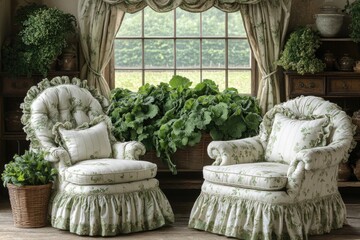 Fototapeta premium Two vintage armchairs with floral patterned upholstery, accented by a large green potted plant. This image perfectly captures the charm of a cozy and traditional home.