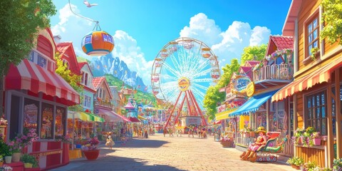 A bustling town square with a Ferris wheel.