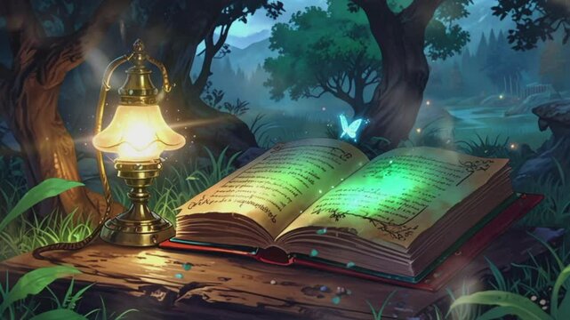 book with lamp on mystical forest background.Seamless 4k time lapse virtual video animation