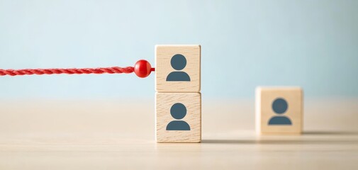 Wooden blocks with user icons connected by strings, being attracted by a magnet, emphasizing the power of marketing and customer retention