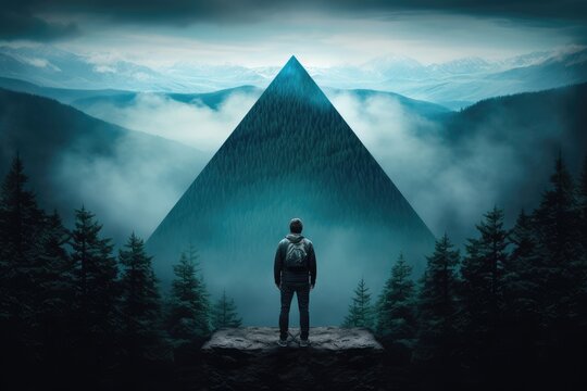 Abstract background with beautiful mountain and forest landscape. Double exposure with triangle geometric figure and wild nature. Sustainable ecology concept. Creative background, wallpaper