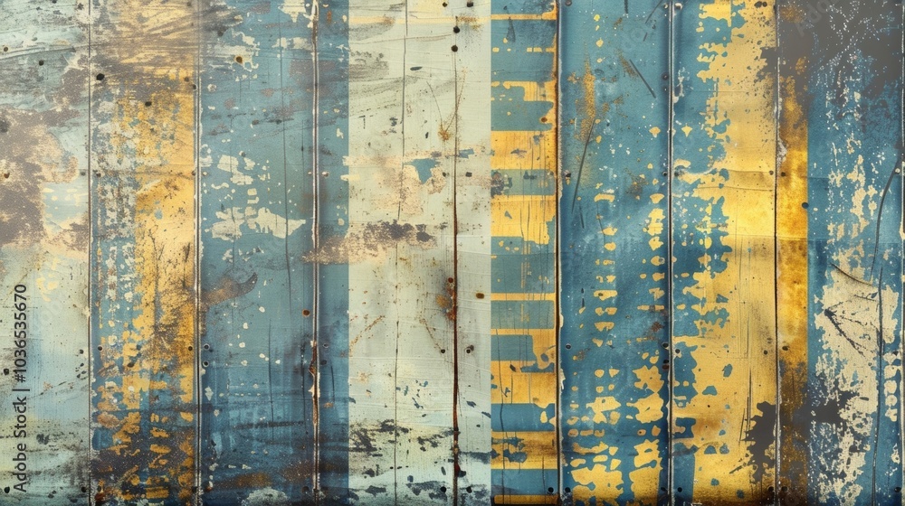 Poster a distressed and grungy design with a mix of muted blues yellows and greys arranged in random lines 