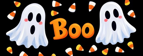 Playful "Boo" with candy corn and jack-o"-lanterns, cheerful Halloween scene